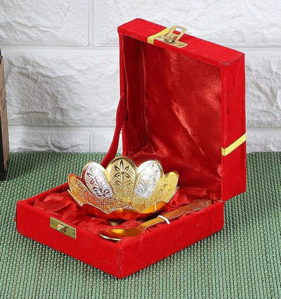 Lamansh silver bowl sets (BULK) LAMANSH® Golden Silver Plated Metal Bowl set for Gifting 🎁 | German Silver Gold Floral Bowl set in velvet box for Wedding favours & Return Gifting 🎁