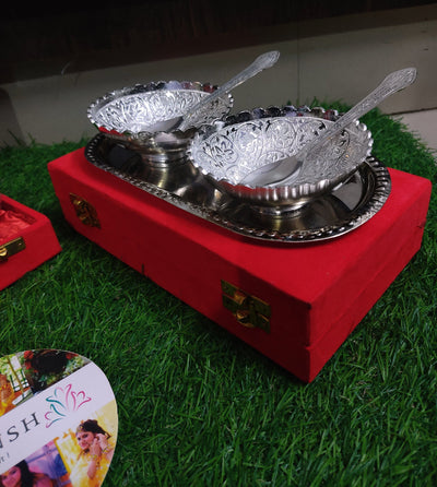 Lamansh silver bowl sets (BULK) LAMANSH® Silver Plated Metal Bowl set for Gifting 🎁 | German Silver Brass Tray & Bowl set in velvet box for Wedding favours & Return Gifting 🎁