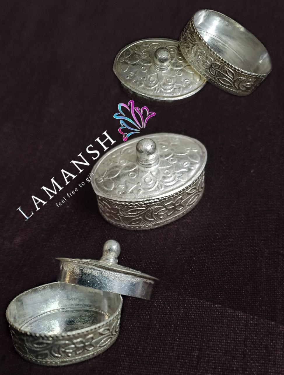 LAMANSH silver dabbi LAMANSH Silver Oval Kumkum Dabbi / Royal Silver Dabbi for coin gifting 🎁 / silver trinket box, kajal box/casket box bridal round shape Sindur box collection, container box, eyeliner box gifting
