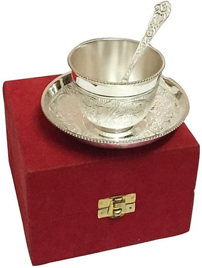 LAMANSH ® silver plated gifts Silver LAMANSH Silver Plated Unique Gifting Tea Cup with Saucer with Velvet Box-1 Cup, 1 Saucer and 1 Spoon (3 Piece German silver Set)