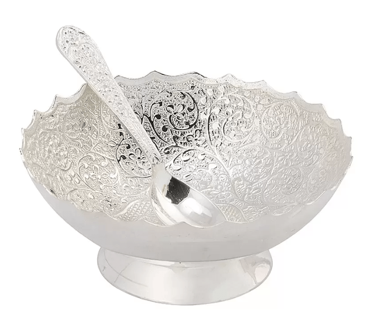 LAMANSH Sliver Bowl With Spoon set Silver / Aluminum brass alloy / Standard LAMANSH® Silver Gold Plated German Silver Bowl Spoon Set with Velvet Box