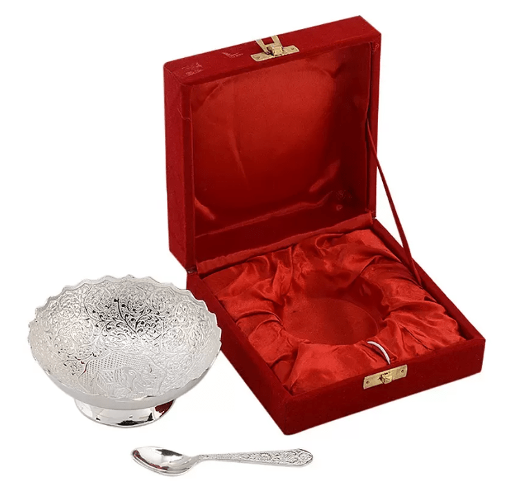 LAMANSH Sliver Bowl With Spoon set Silver / Aluminum brass alloy / Standard LAMANSH® Silver Gold Plated German Silver Bowl Spoon Set with Velvet Box