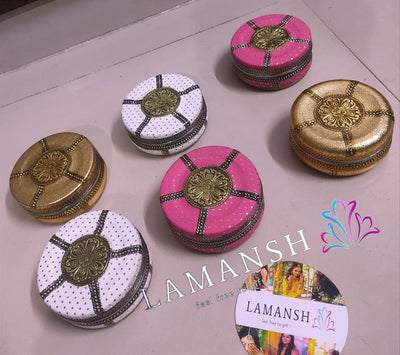 LAMANSH steel gift box Assorted colors LAMANSH® Pack of 100 (4 inch diameter) Stainless Meenakari Work Gift 🎁 Steel Box Dabba for Wedding Pooja Return Gifting & Favours