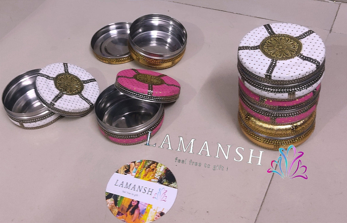 LAMANSH steel gift box LAMANSH® (4 inch diameter) Stainless Meenakari Work Gift 🎁 Steel Box Dabba for Wedding Pooja Return Gifting & Favours