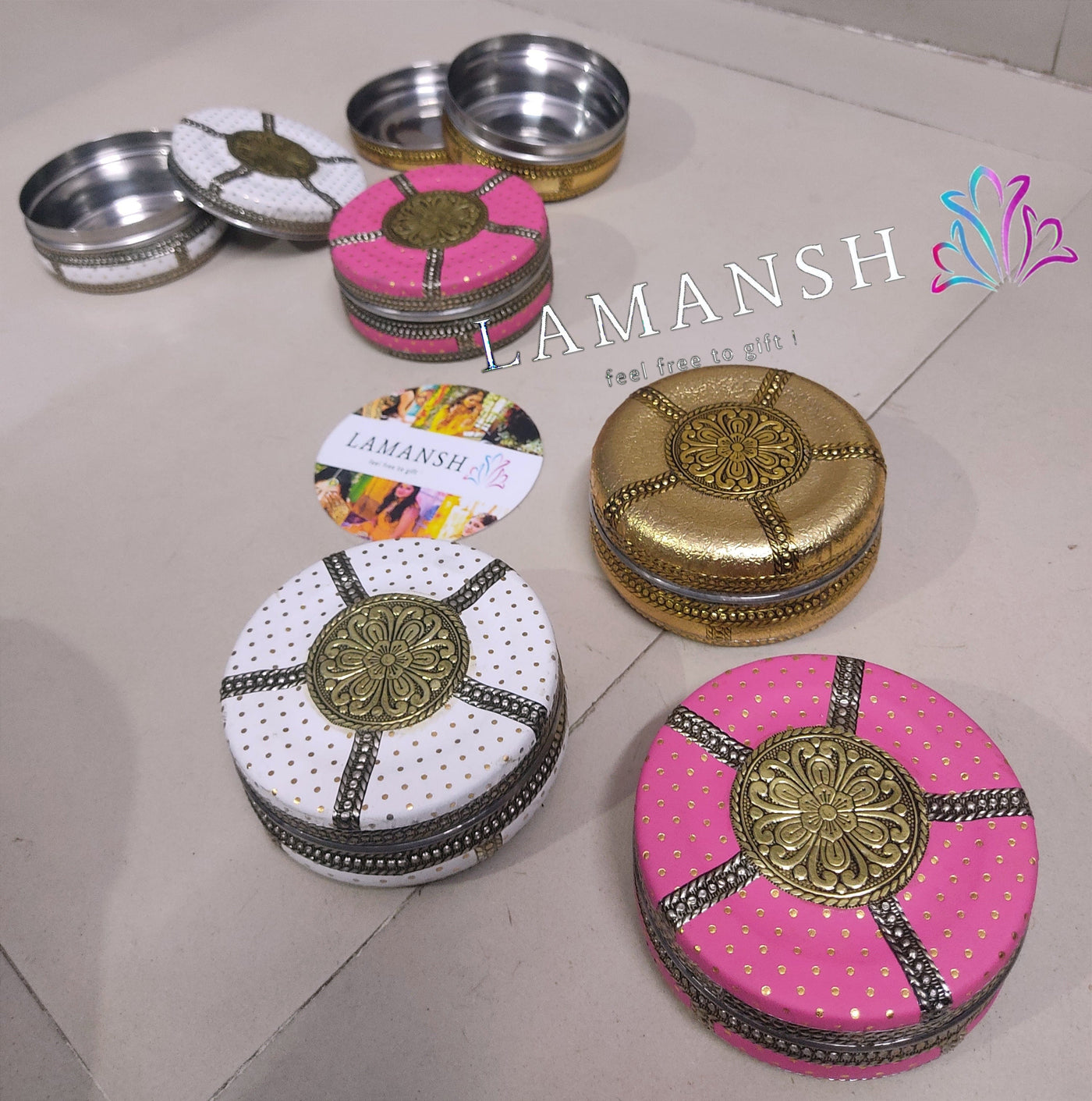 LAMANSH steel gift box LAMANSH® Pack of 100 (4 inch diameter) Stainless Meenakari Work Gift 🎁 Steel Box Dabba for Wedding Pooja Return Gifting & Favours