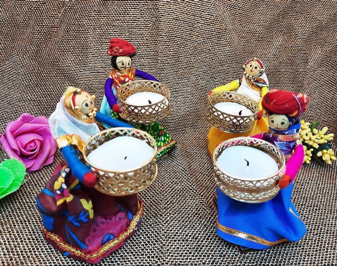 LAMANSH Tea light Holder Multicolor / Cotton / 4 LAMANSH® 2 Pair Tealight Candle Holder for Diwali, Festival Decoration Puppet 2 Female 2 Male Rajasthani Puppets Doll Tealight Candle Holder