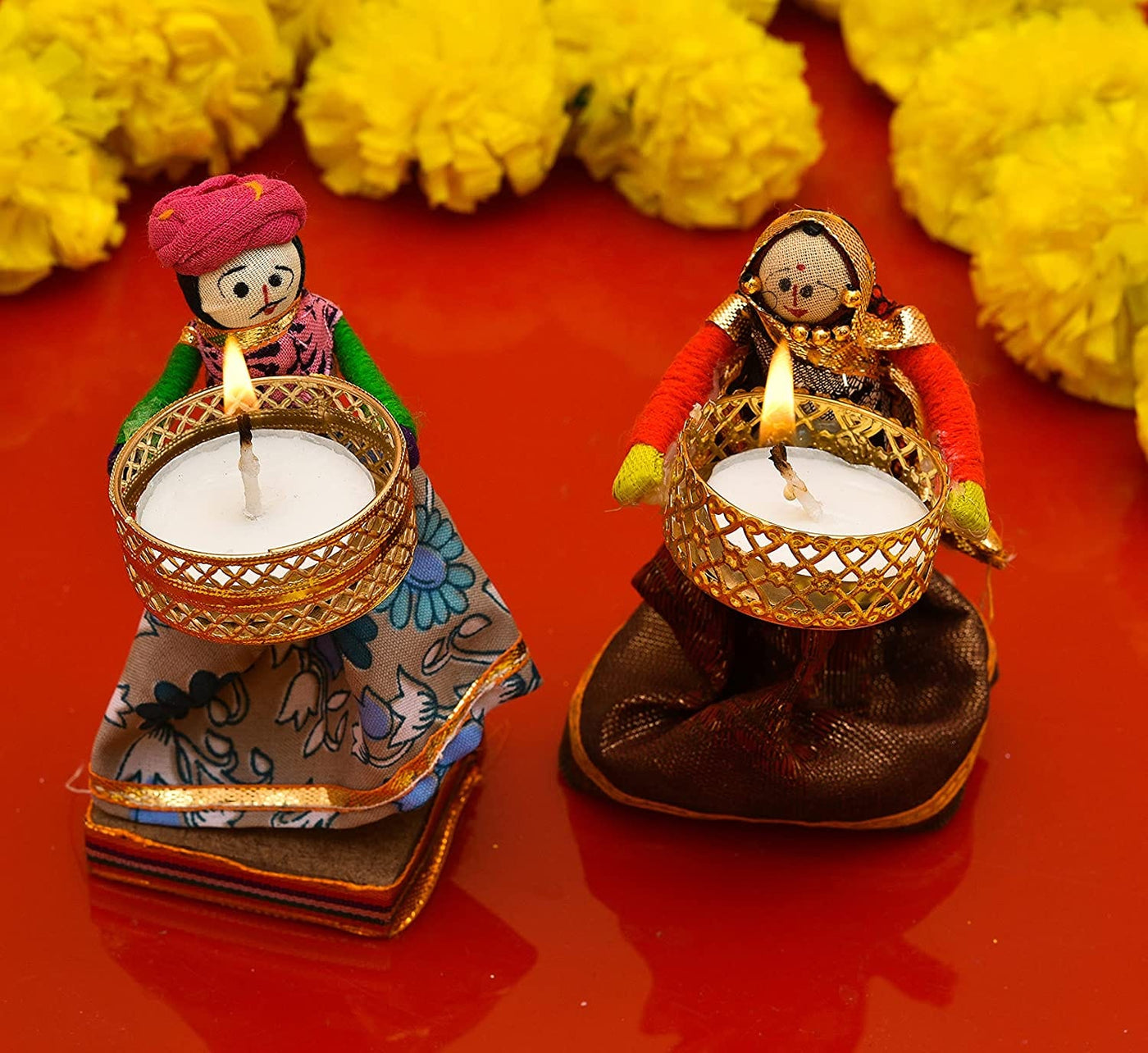 LAMANSH Tea light Holder Multicolor / Cotton / 4 LAMANSH® 2 Pair Tealight Candle Holder for Diwali, Festival Decoration Puppet 2 Female 2 Male Rajasthani Puppets Doll Tealight Candle Holder