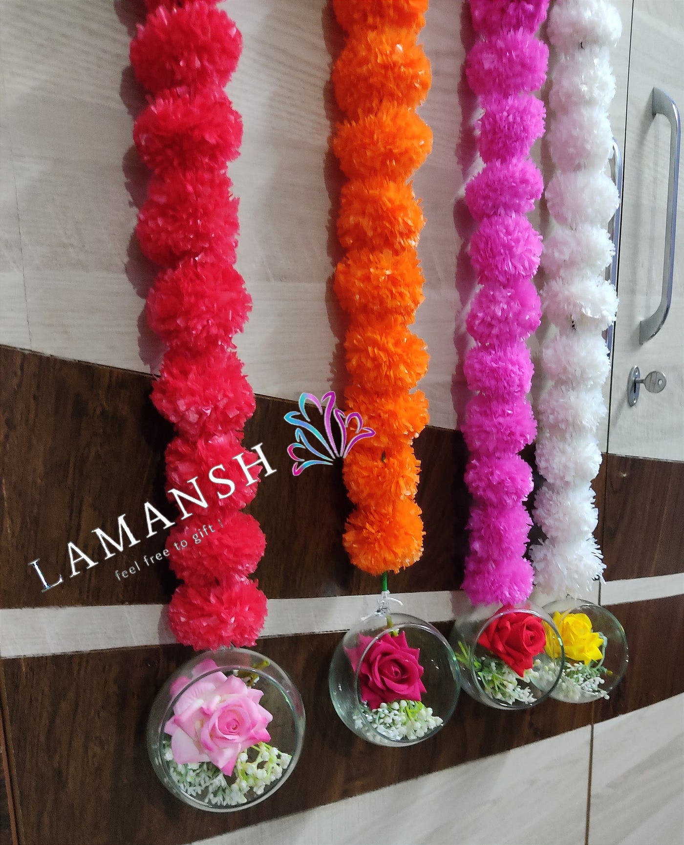 LAMANSH TeaLight Holder LAMANSH® ( Pack of 5 ) 4.5 feet Glass Decorative Candle holder with Rose 🌹 & Gypsophilla Flowers attached to marigold artificial flower garlands / Decorative hanging for birthday anniversary ,Wedding Party Event Backdrop Decoration ✨