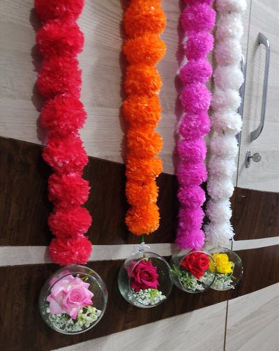 LAMANSH TeaLight Holder LAMANSH® ( Pack of 5 ) 4.5 feet Glass Decorative Candle holder with Rose 🌹 & Gypsophilla Flowers attached to marigold artificial flower garlands / Decorative hanging for birthday anniversary ,Wedding Party Event Backdrop Decoration ✨