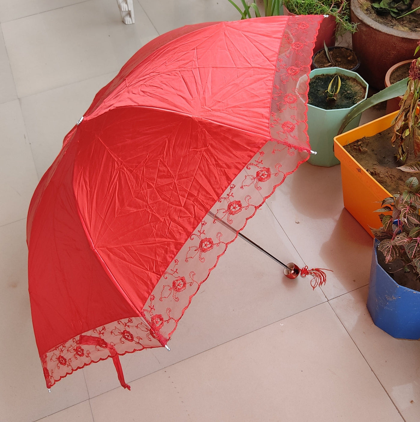 LAMANSH umbrella Red / Cotton LAMANSH® (Pack of 1) Red Wedding Bridal entry umbrella / Designer Net Umbrella