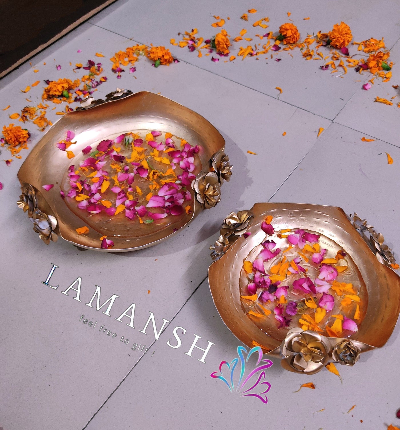 Lamansh urli All 2 ( Medium & Large ) LAMANSH® Set of 2 Metal Round URLI with flower 🌸 work / Decorative Handcrafted Metal Handcrafted Water Bowl for Floating Flowers and Tea Light Candles Home,Office and Table Decor / Urli for ✨Festival Diwali & Ganpati decoration