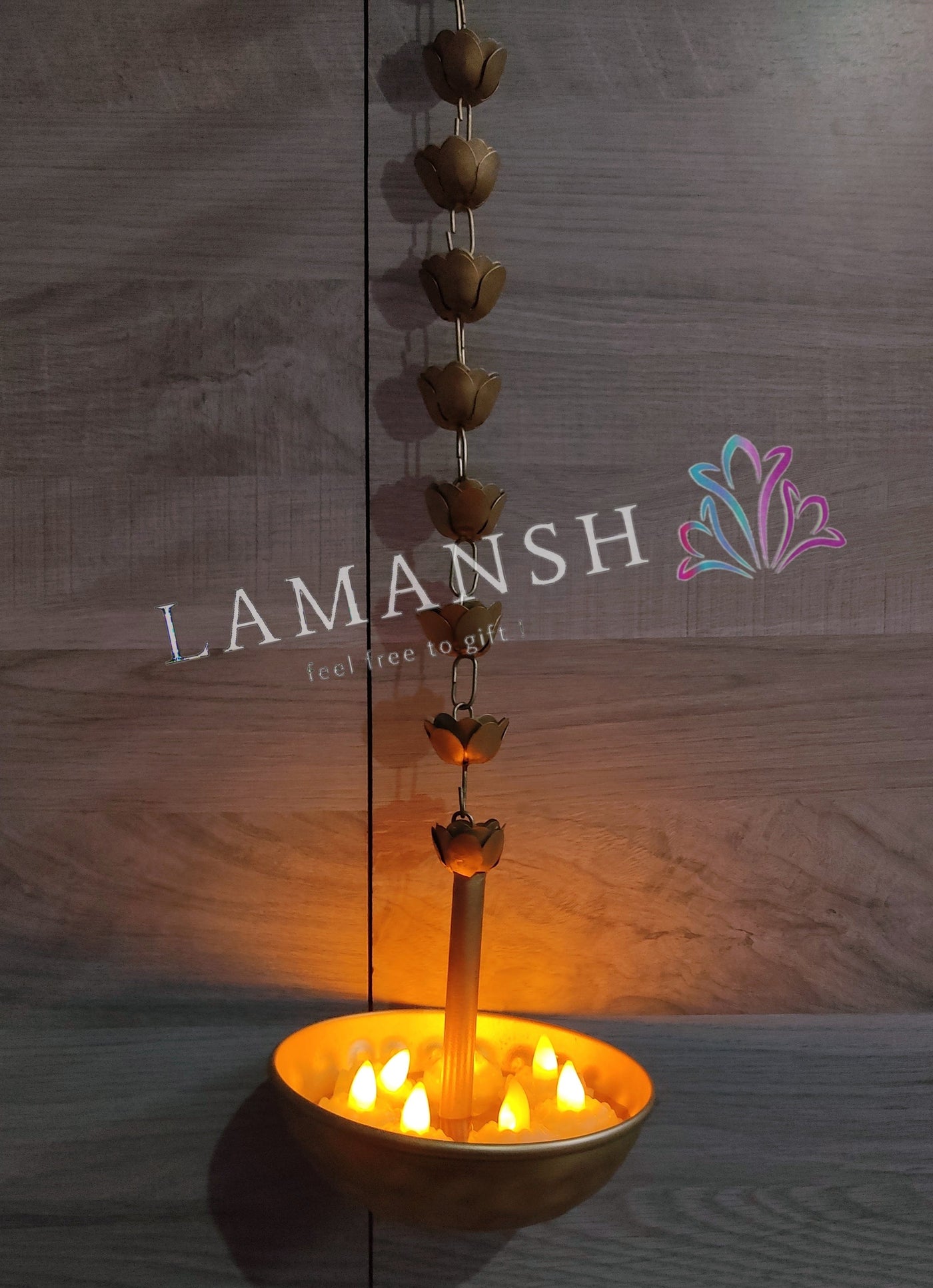 Lamansh urli LAMANSH® ( 1.5 feet height) Metal Wall Lotus Hanging Urli for Ganpati / Diwali Festival decoration / Metal Designer urli for pooja mandir home decoration