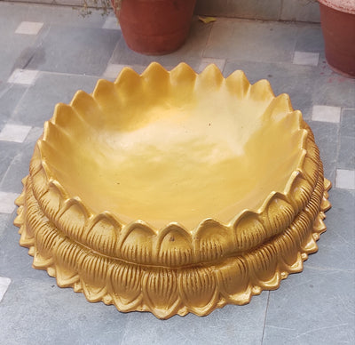 Lamansh urli LAMANSH® 2.5 Feet width Golden Lotus Floral Shape Hard Material Fiber Urli for Haldi ceremony / Urli for sitting (small size)