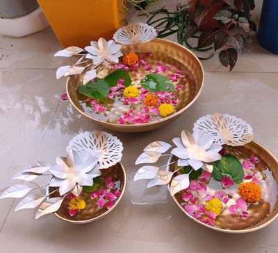 Lamansh urli LAMANSH® Floral Metal Handcrafted Bowl Urli for Decoration ✨ Golden Flower work Metal water bowl / Urli for ✨Festival Diwali & Navratri decoration