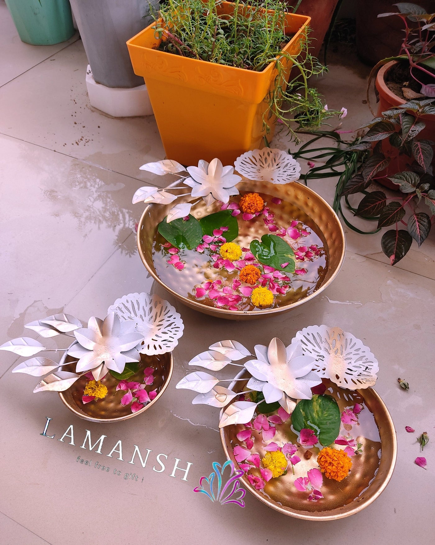 Lamansh urli LAMANSH® Floral Metal Handcrafted Bowl Urli for Decoration ✨ Golden Flower work Metal water bowl / Urli for ✨Festival Diwali & Navratri decoration