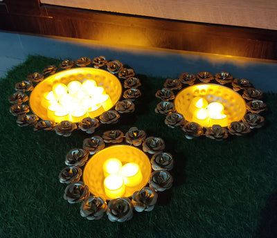 Lamansh urli LAMANSH® Round Flower Border Designer URLI Decorative Beautiful Handcrafted Bowl for Floating Flowers and Tea Light Candles Home,Office and Table Decor Special/uruli /Diwali & Ganpati decoration
