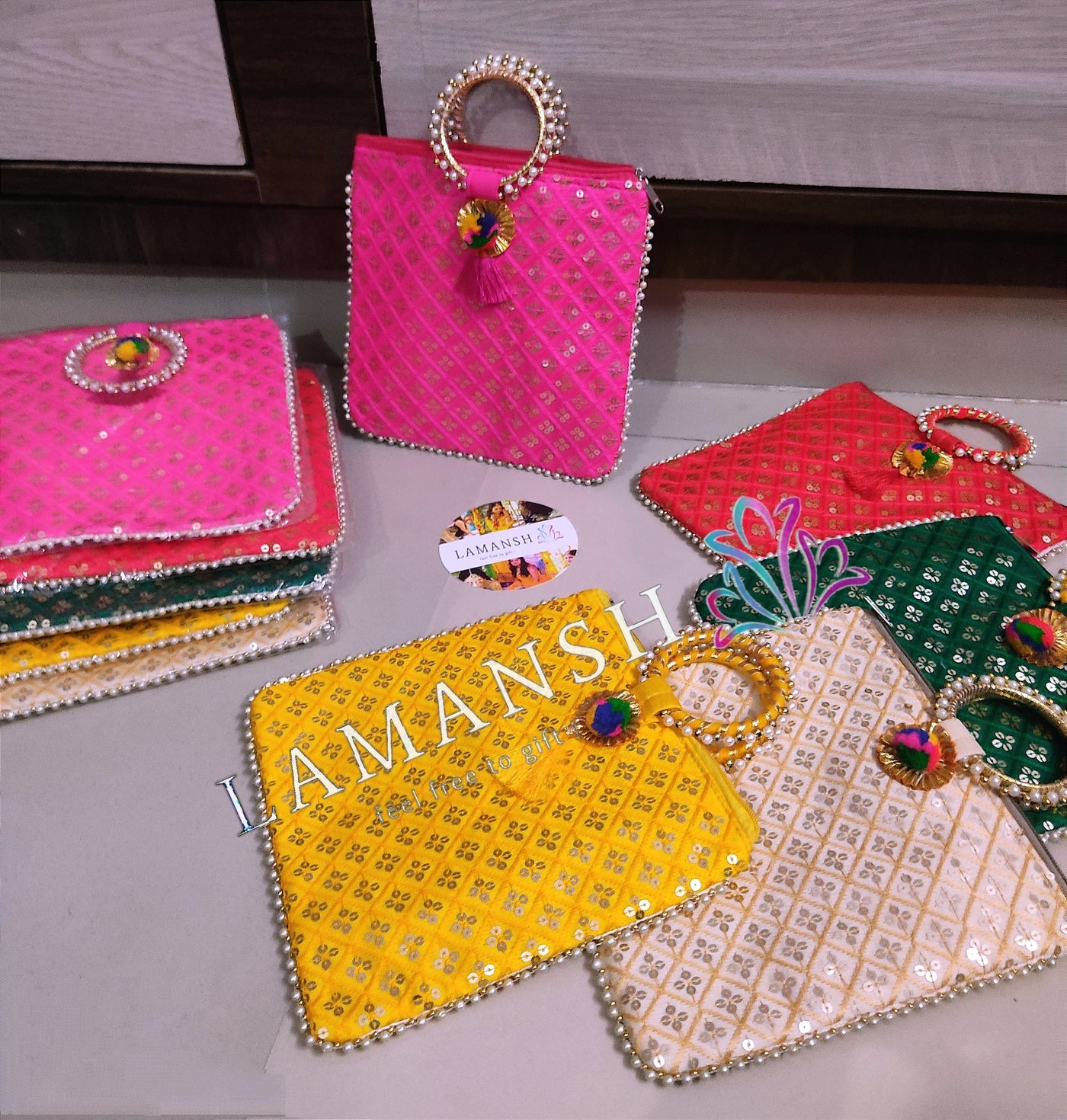 LAMANSH wedding envelope LAMANSH® (9*9 inch) Sequin Work Gift Bags with Gota Ring Handle for Bridesmaids / Designer hand potli bags for wedding return favours 🎁