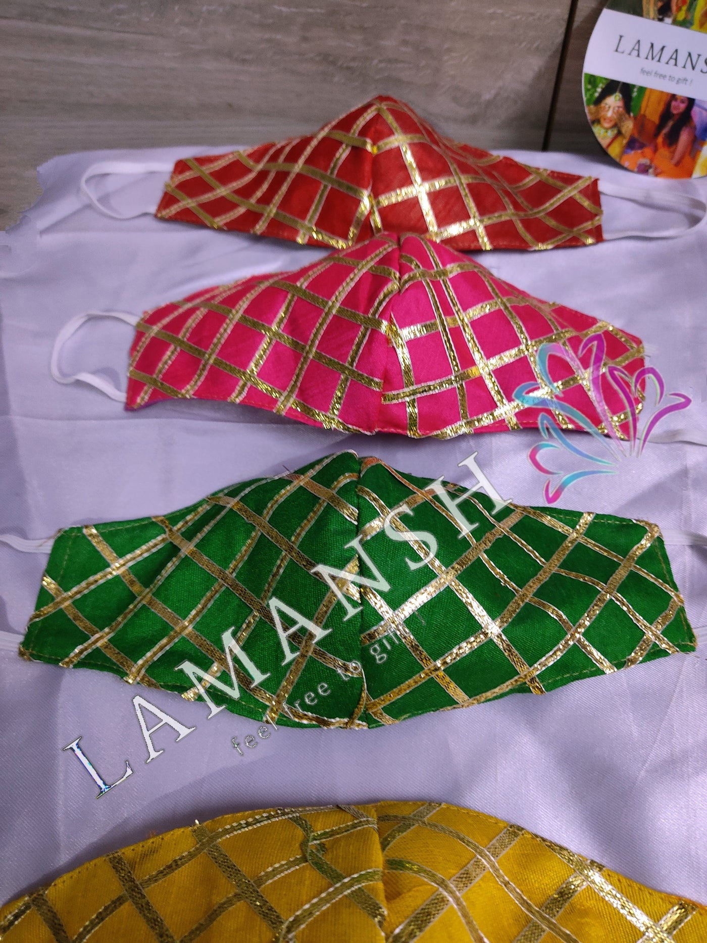 LAMANSH Wedding Mask Multicolor / Silk / Standard LAMANSH® 100 PCS Silk Embroidery Bridal Face Mask-Gota Patti-Cloth Embroidery Mask for Adult-Reusable-Wedding Invitation-Indian Party Favors