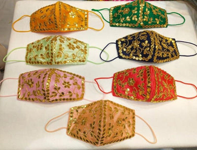LAMANSH Wedding Mask Multicolor / Silk / Standard LAMANSH® 25 PCS Silk Embroidery Bridal Face Mask-Gota Patti-Cloth Embroidery Mask for Adult-Reusable-Wedding Invitation-Indian Party Favors