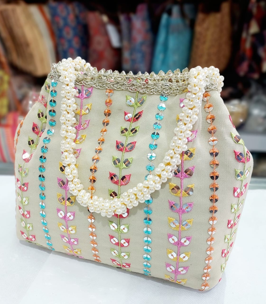 LAMANSH ® Women's hand Bag LAMANSH® Traditional Embroidered Side Magnet Beeds Handle Hand Bag 👜 / Return gift 🎁 & Favors for giveaways