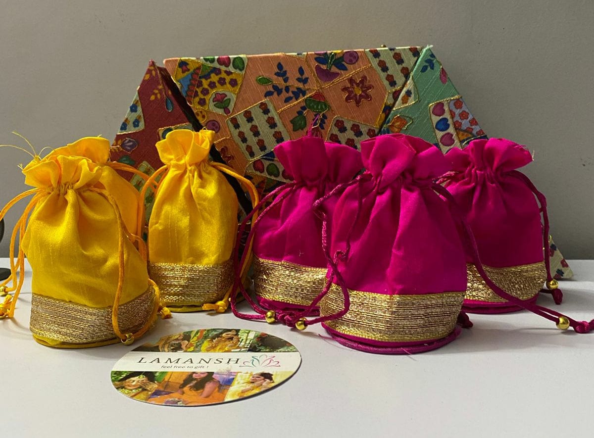 LAMANSH ® Women's Potli Bag LAMANSH® 5*3 inch Small Golden Zari border Designer Potli bags for Giveaways / Return Gifts 🎁 Favours for guests / wedding favors for guests