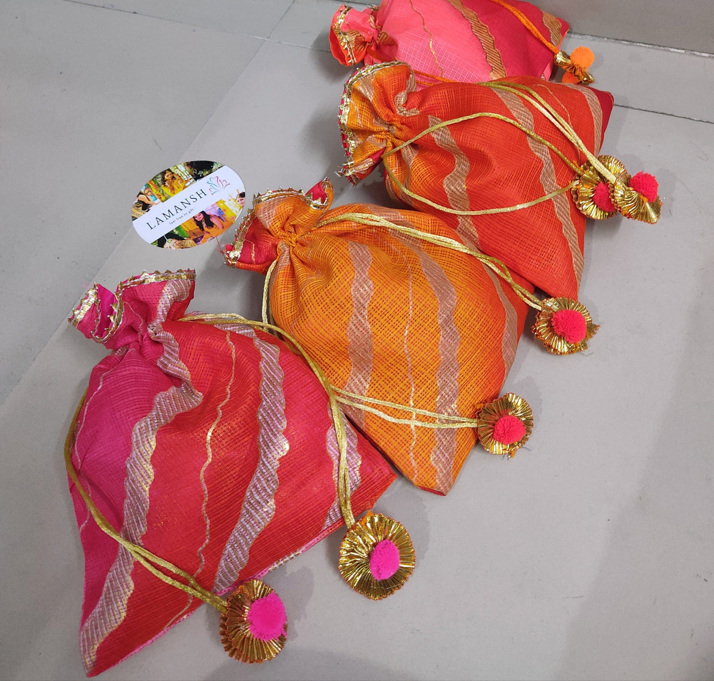 LAMANSH ® Women's Potli Bag LAMANSH® 7*9 inch Gota Zari work Designer Printed Potli bags for Giveaways 🎁 & Favours / Shagun Pouch Return Gifts for Haldi mehendi roka wedding