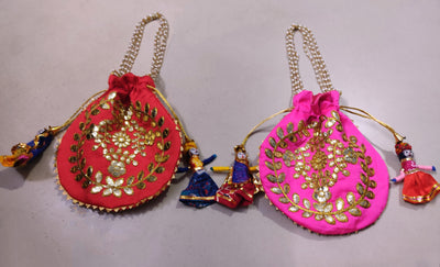LAMANSH ® Women's Potli Bag LAMANSH® Gota work Embroidered Potli bags with Raja Rani puppets for Giveaways for women / Return Gifts 🎁 Favours for guests