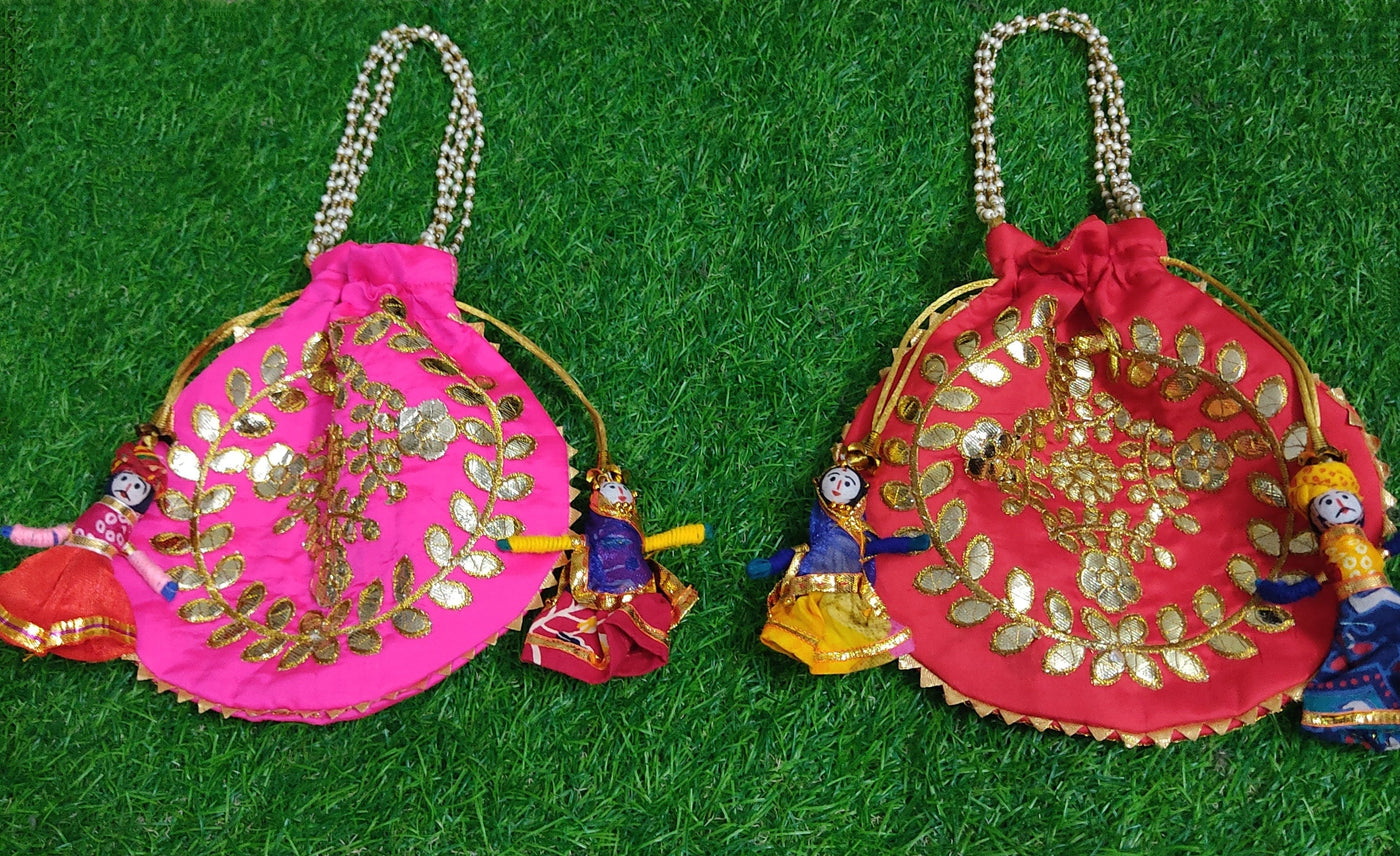 LAMANSH ® Women's Potli Bag LAMANSH® Gota work Embroidered Potli bags with Raja Rani puppets for Giveaways for women / Return Gifts 🎁 Favours for guests