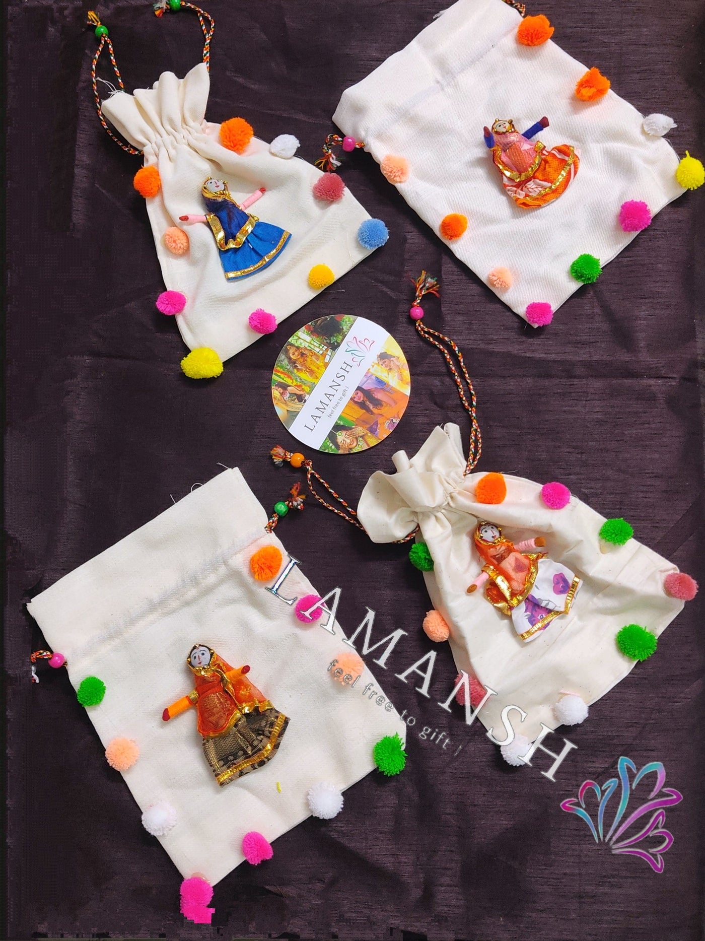 LAMANSH ® Women's Potli Bag LAMANSH Pack of 5 Rajasthani Puppet Style Potli Bags for Gifting,Giveaways / Perfect for Gifting in Makar Sankranti