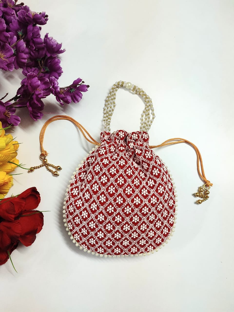 LAMANSH ® Women's Potli Bag LAMANSH® (Size - 6*8 inch) Lucknavi Chikankari work potli bags for gifting / Designer Potli bags for indian wedding ceremonies
