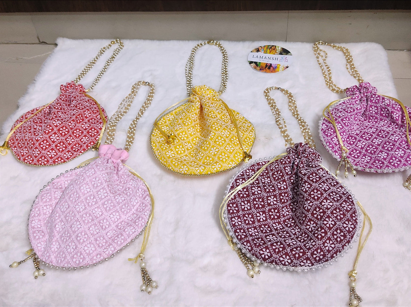 LAMANSH ® Women's Potli Bag LAMANSH® (Size - 6*8 inch) Lucknavi Chikankari work potli bags for gifting / Designer Potli bags for indian wedding ceremonies