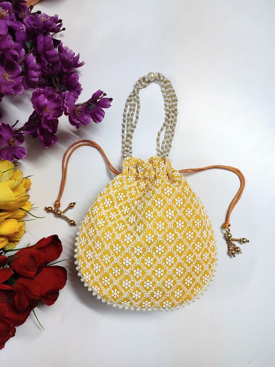 LAMANSH ® Women's Potli Bag Pack of 1 LAMANSH® (Size - 6*8 inch) Lucknavi Chikankari work potli bags for gifting / Designer Potli bags for indian wedding ceremonies