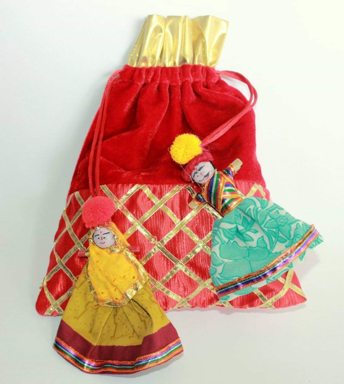 LAMANSH ® Women's Potli Bag Pack of 10 LAMANSH® Pack of 10 (7*9 inch) Women's Potli Bag With Attached Raja Rani Puppet For gifting