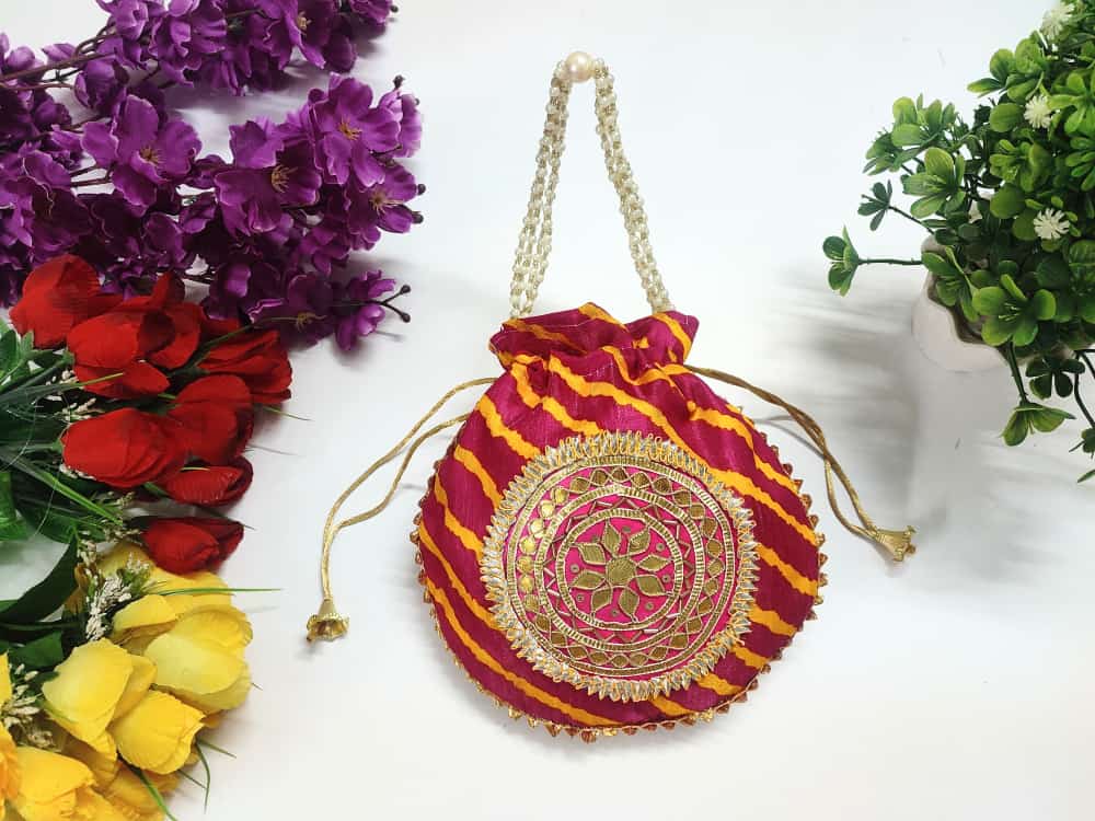 LAMANSH ® Women's Potli Bag Pack of 10 LAMANSH® (Pack of 10 Pcs) Potli bags for women handbags traditional Indian Wristlet with Gota Work With Lehariya Print