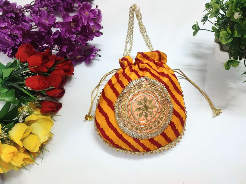 LAMANSH ® Women's Potli Bag Pack of 10 LAMANSH® (Pack of 10 Pcs) Potli bags for women handbags traditional Indian Wristlet with Gota Work With Lehariya Print