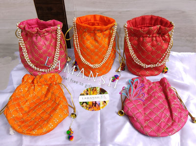 LAMANSH ® Women's Potli Bag Pack of 10 / Multicolor / Cotton Fabric LAMANSH (Pack of 10) Potli bags for Giveaways for women handbags traditional Indian Wristlet with Drawstring Ethnic Embroidery Women Fashion Potli
