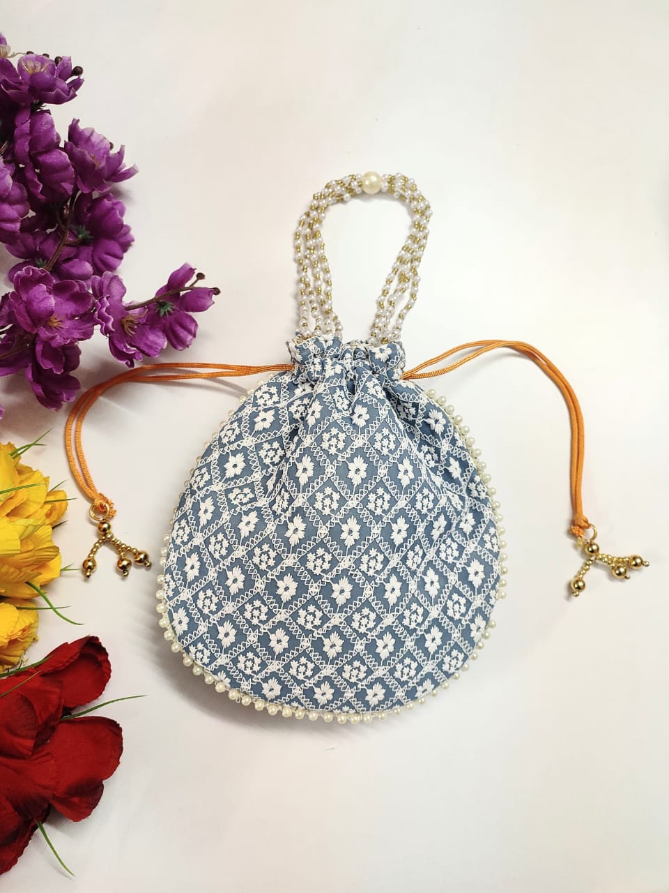LAMANSH ® Women's Potli Bag Pack of 12 / Assorted Colour Patterns LAMANSH 12 Pcs Chikankari Potli bags for women handbags traditional Indian Wristlet with Drawstring Ethnic Embroidery Women Fashion Potli