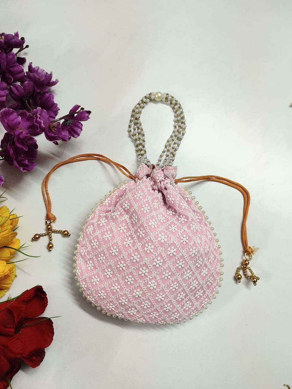 LAMANSH ® Women's Potli Bag Pack of 12 / Assorted Colour Patterns LAMANSH 12 Pcs Chikankari Potli bags for women handbags traditional Indian Wristlet with Drawstring Ethnic Embroidery Women Fashion Potli