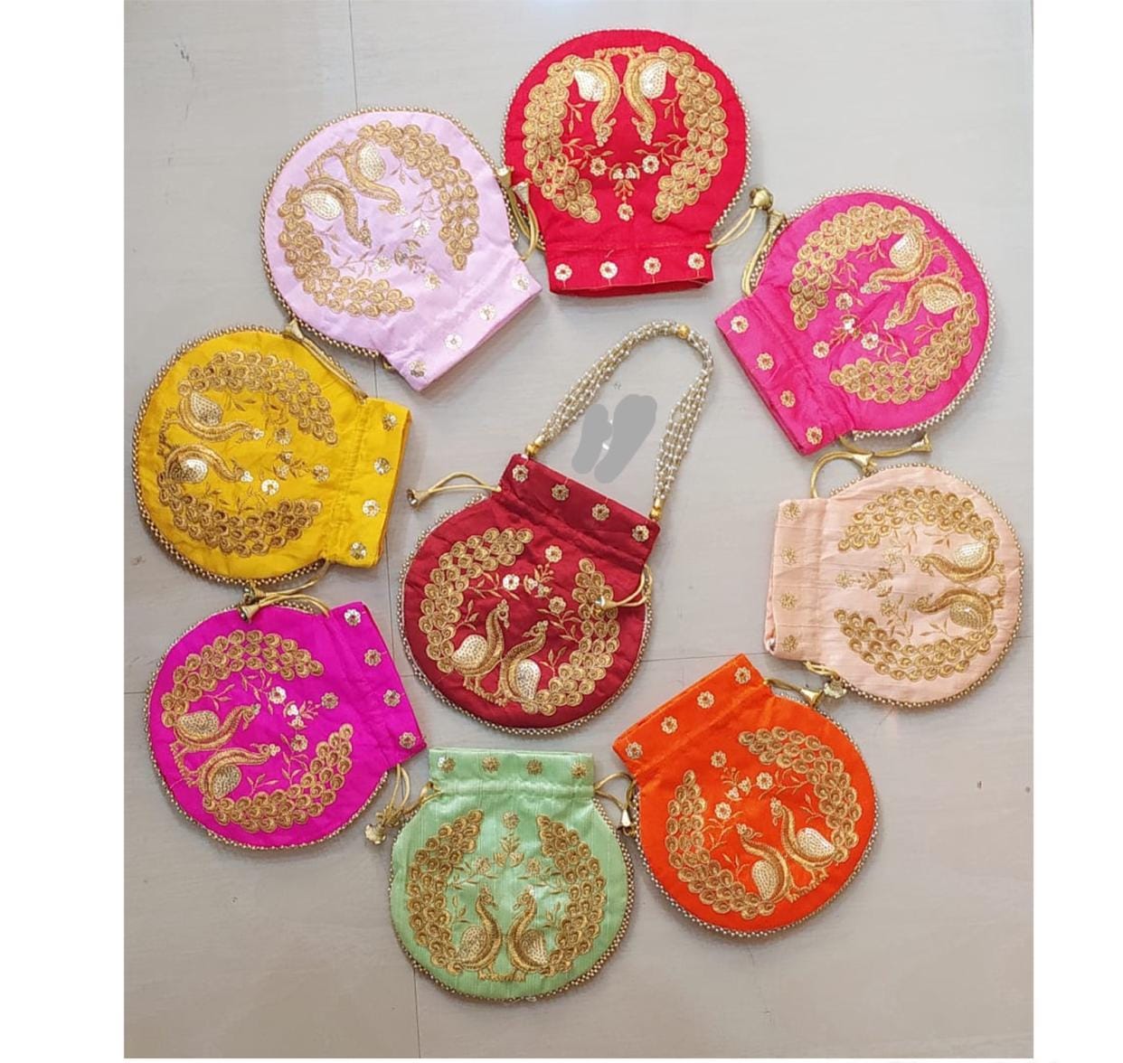 LAMANSH ® Women's Potli Bag Pack of 20 LAMANSH® 20 pcs (8×9 inch) Fabric Peacock Embroidered Potli Bags / Potli hand bags for Gifting 🎁 & Favours