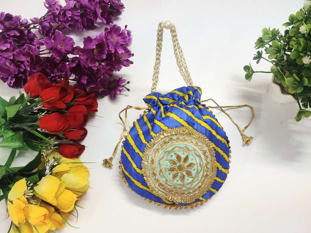 LAMANSH ® Women's Potli Bag Pack of 20 LAMANSH® (Pack of 20 Pcs) Potli bags for women handbags traditional Indian Wristlet with Gota Work With Lehariya Print