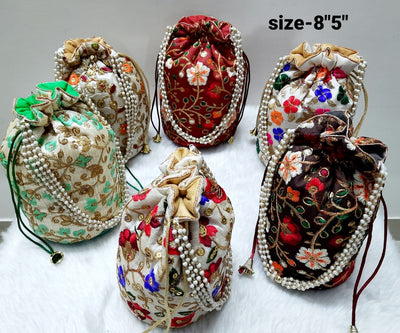 LAMANSH ® Women's Potli Bag Pack of 5 / Assorted Colour Patterns LAMANSH Set of 5 Designer Potli bags for women / Embroidered Women Fashion Hand bags Potli