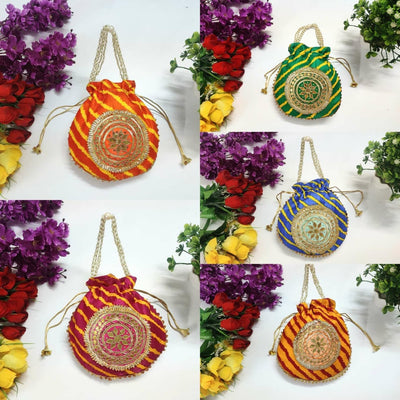 LAMANSH ® Women's Potli Bag Pack of 5 LAMANSH® (Pack of 5 Pcs) Potli bags for women handbags traditional Indian Wristlet with Gota Work With Lehariya Print