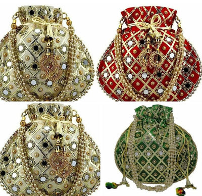 Grahvatika Potli Bag (Clutch, Drawstring Purse) For Women With Intricate  Gold Thread & Sequin Embroidery Work
