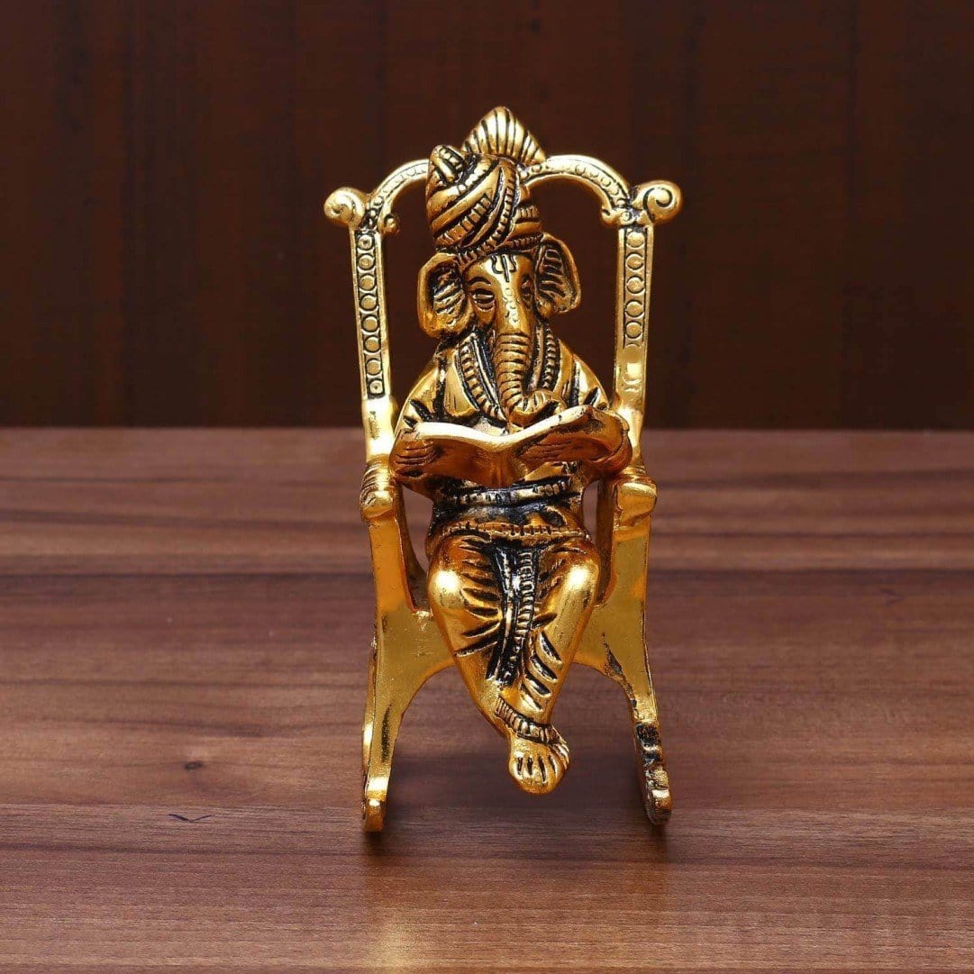 New Jaipur Handicraft Brass Showpiece Gold / Standard / Lord Ganesha New Jaipur Handicraft Ganeshji Reading BhagwadGita ✨ / Sitting On chair statue☀📿 Gifting Showpiece 🎁