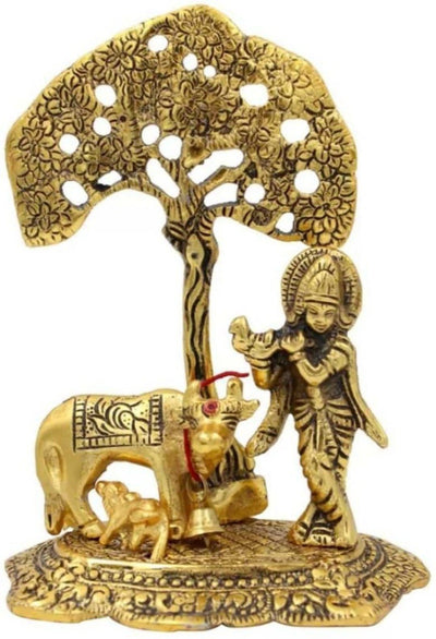 New Jaipur Handicraft Brass Showpiece Gold / Standard / Lord Krishna New Jaipur Handicraft Metal Krishna with Calf Under Tree 🌴 statue☀📿 / God Statue👼 / Lord Krishna Idols 🛐 / Decorative Showpiece / Gifting Showpiece 🎁