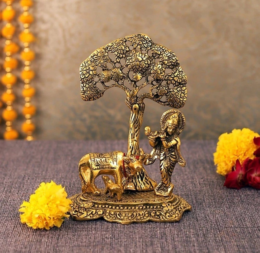 Brass Krishna Statue with Kam denu cow for home Decor & Gift item 