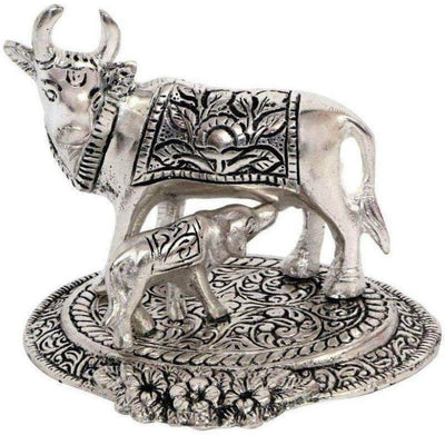 New Jaipur Handicraft Brass Showpiece Silver / Standard / Kamdhenu Cow New Jaipur Handicraft Silver Kamdhenu Cow🐄 & Calf Holy Statue / Mangal Path Gift Statues☀📿 / God Statue👼 / Decorative Showpiece / Gifting Showpiece 🎁