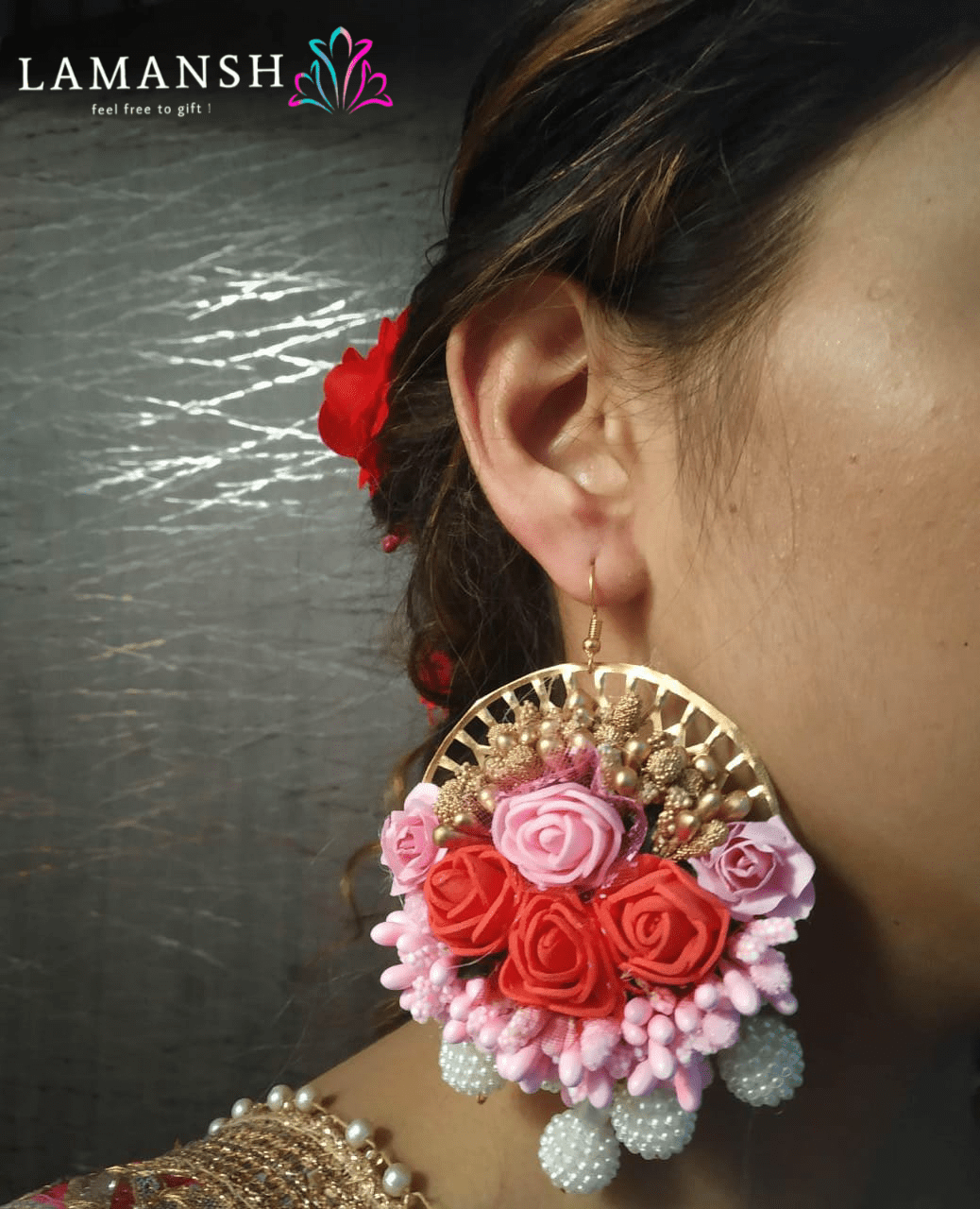 New Jaipur Handicraft Earring Set 🌺 Pink-Red-Gold / Fabric / Haldi ,Wedding, Engagement Lamansh™ Floral Earrings Set for Women / Floral Accessories set