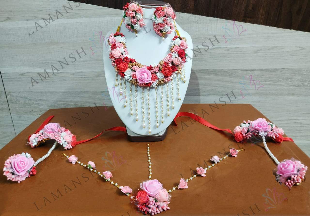 New Jaipur Handicraft Flower Jewellery Pink-Red / Free size / Bridal Style Lamansh Floral 🌺 Jewellery Set