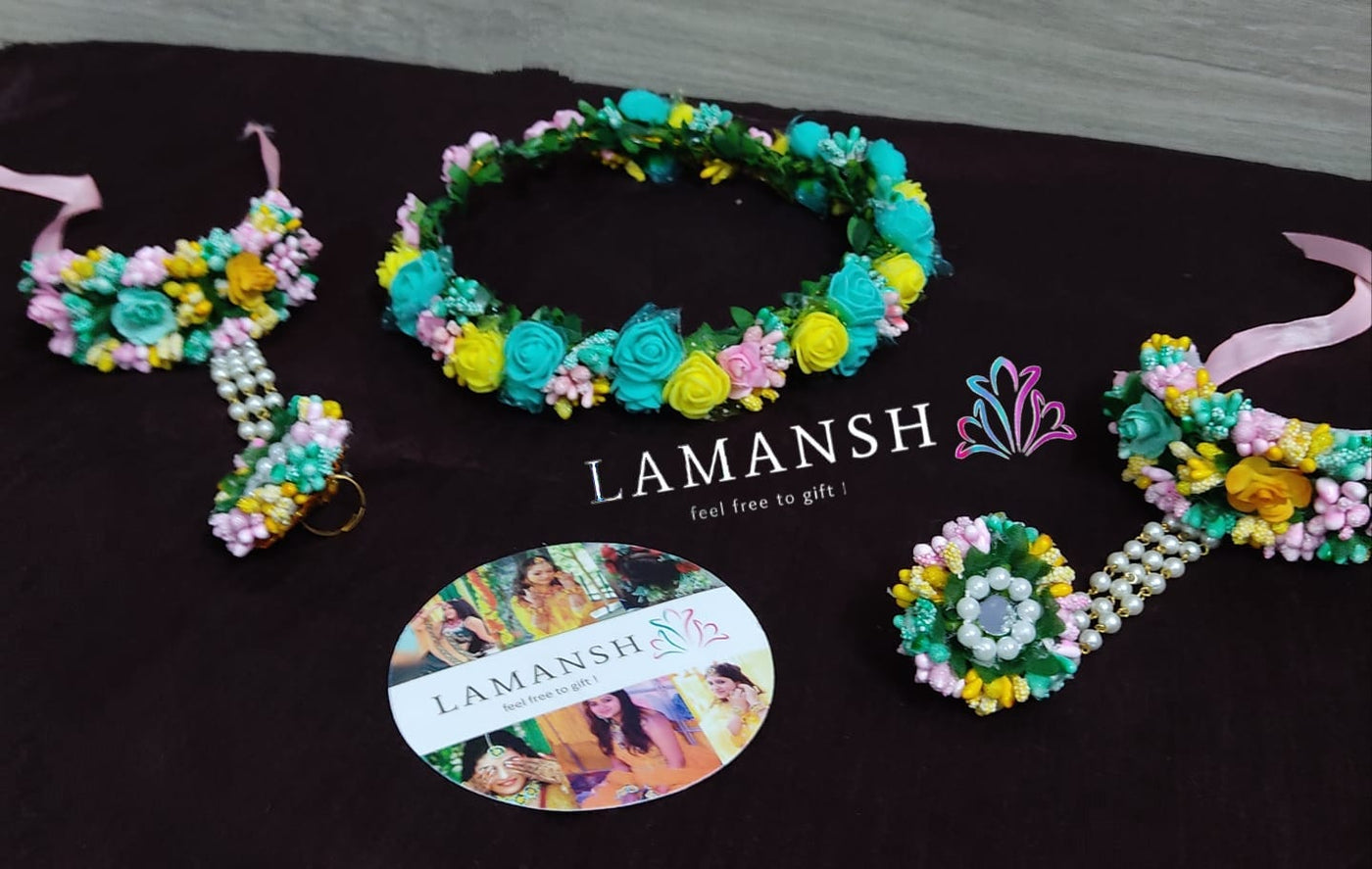 New Jaipur Handicraft Flower Tiara & hathphool combo Sea green-Pink-yellow / Engagement LAMANSH® Elegant Head Tiara & Bracelet attached with Ring  for Women & Girls 🌺 / Haldi Set